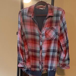 Plaid Button-Up Shirt with Fringe